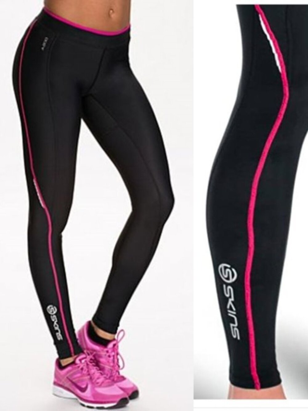 Women's Skins Bio A200 Black/Pink Long Tights Compression Trousers - Size M